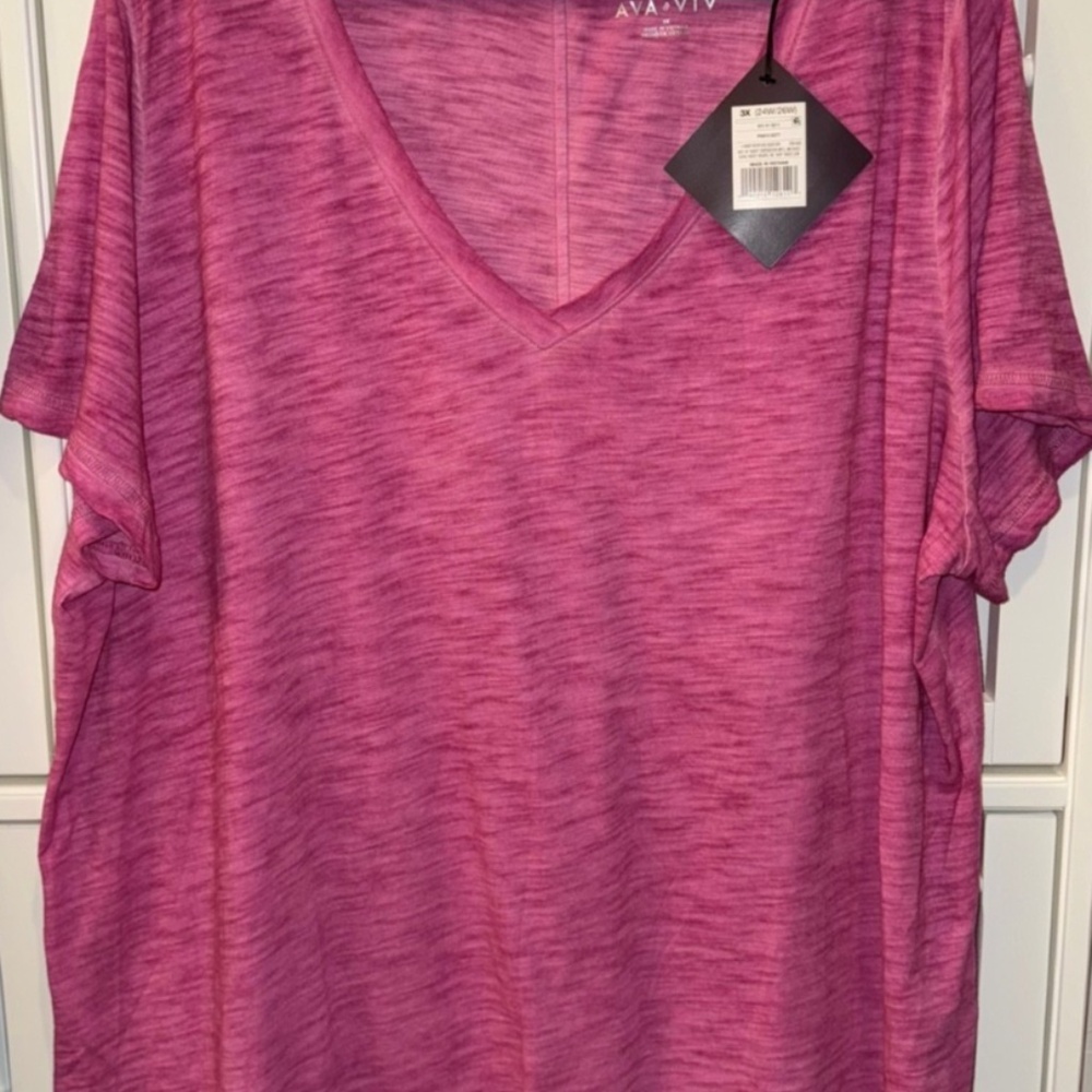 Women's Ava & Viv Plus Size 3X Pink Slub Knit Short Sleeve Top V Neckline NEW